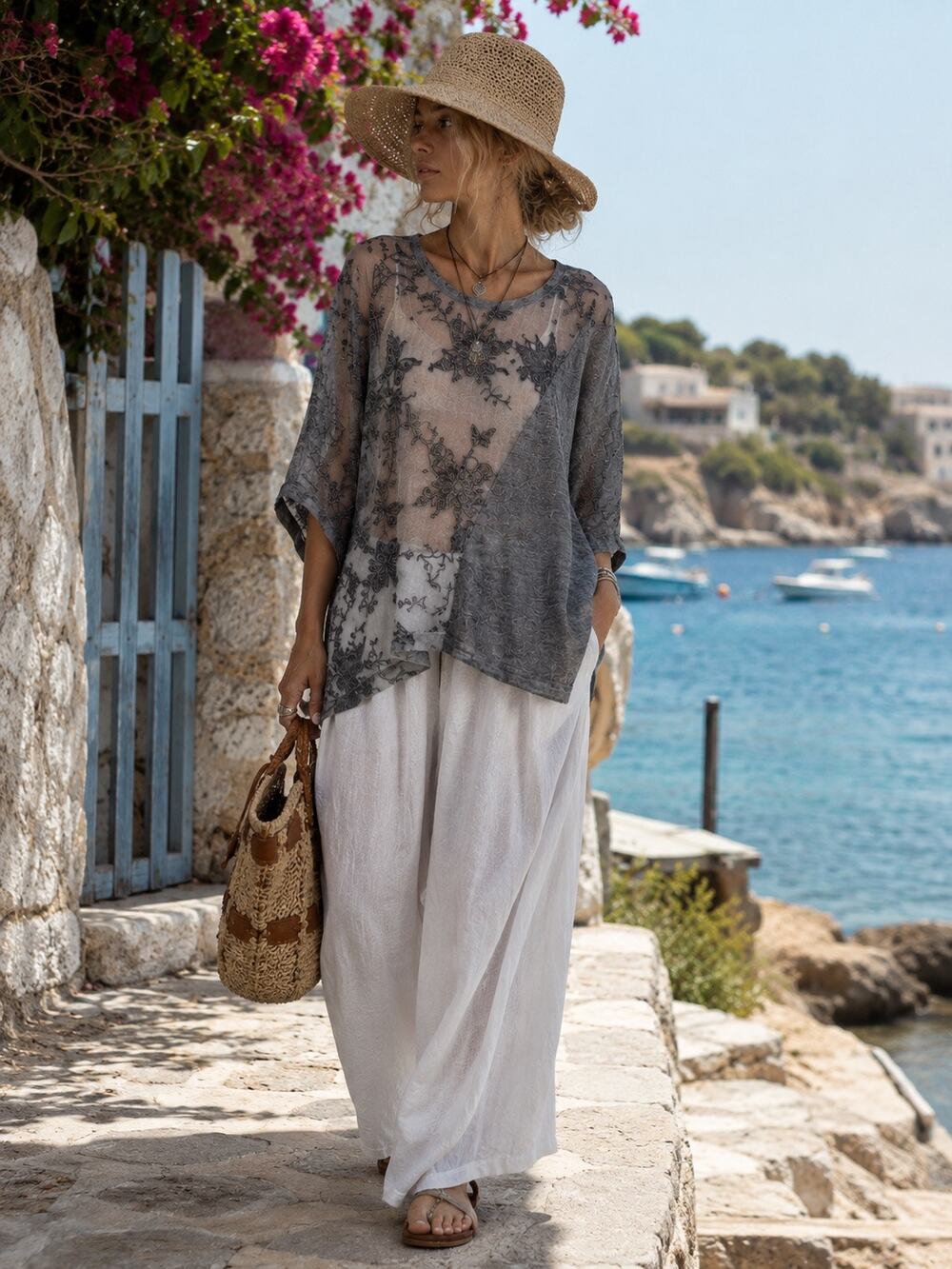 Simply Couture Lagenlook Gauzy Sheer Asymmetric Top XL Gray Resort Euro Summer